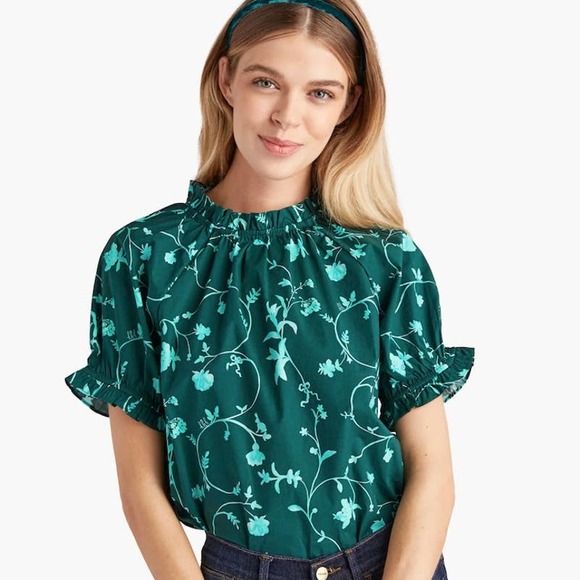 Hill House Tops - Hill House Kit Top Blouse Sz M Emerald Green Botanical Floral Puff Sleeve Ruffle